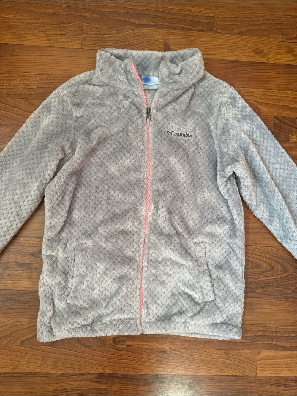 Columbia Kids Light Gray Fuzzy Full-Zip Jacket with Pink Trim